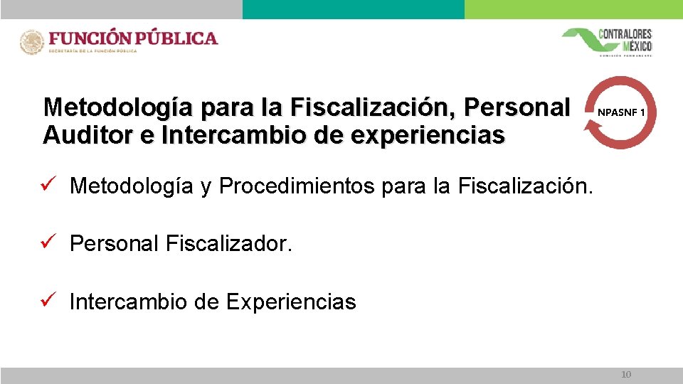 Metodología para la Fiscalización, Personal Auditor e Intercambio de experiencias NPASNF 1 ü Metodología