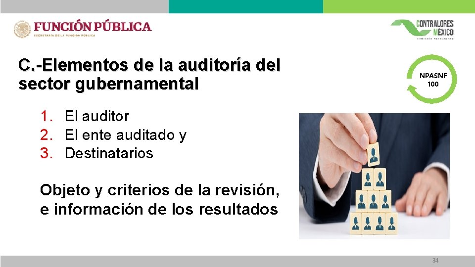 C. -Elementos de la auditoría del sector gubernamental NPASNF 100 1. El auditor 2.