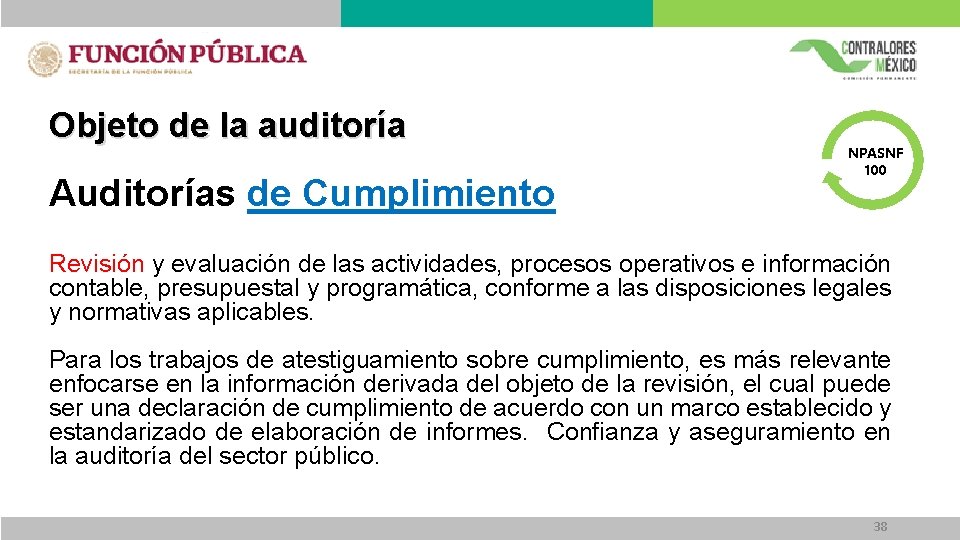 Objeto de la auditoría Auditorías de Cumplimiento NPASNF 100 Revisión y evaluación de las