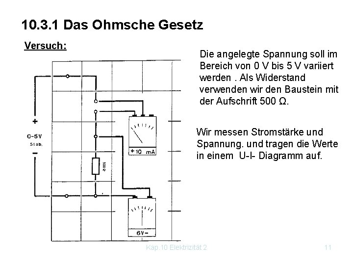 10. 3. 1 Das Ohmsche Gesetz Versuch: Die angelegte Spannung soll im Bereich von