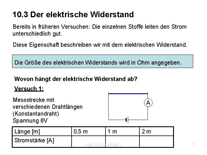 10. 3 Der elektrische Widerstand Bereits in früheren Versuchen: Die einzelnen Stoffe leiten den