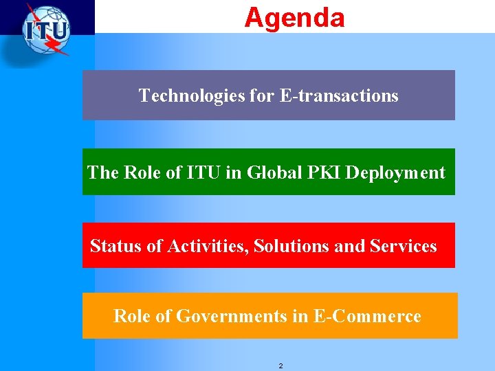 Agenda Technologies for E-transactions The Role of ITU in Global PKI Deployment Status of