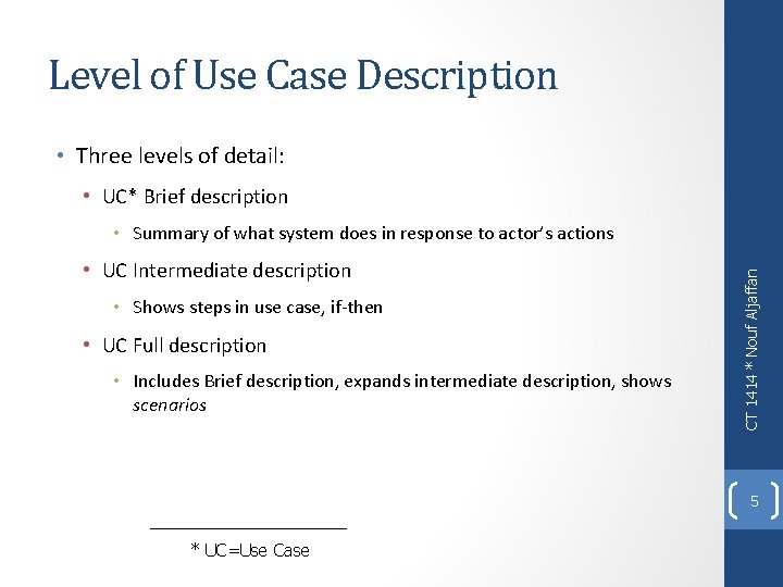 Level of Use Case Description • Three levels of detail: • UC* Brief description