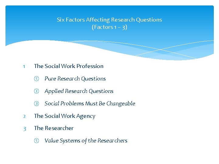 Six Factors Affecting Research Questions (Factors 1 – 3) 1 The Social Work Profession