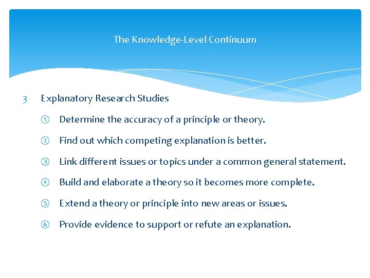The Knowledge-Level Continuum 3 Explanatory Research Studies ① Determine the accuracy of a principle