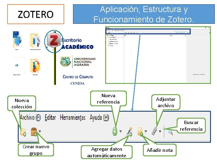 ZOTERO Nueva colección Aplicación, Estructura y Funcionamiento de Zotero. Nueva referencia Adjuntar archivo Buscar