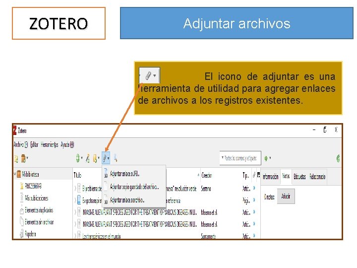 ZOTERO Adjuntar archivos El icono de adjuntar es una herramienta de utilidad para agregar