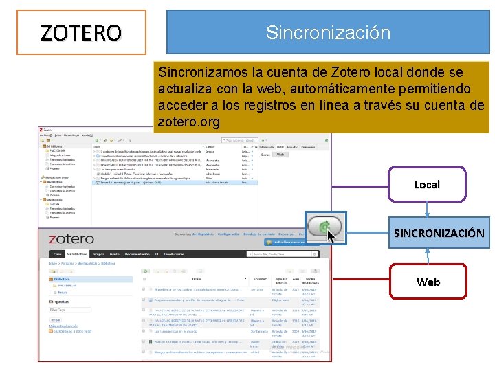 ZOTERO Sincronización Sincronizamos la cuenta de Zotero local donde se actualiza con la web,