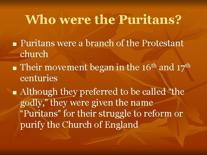Who were the Puritans? n n n Puritans were a branch of the Protestant