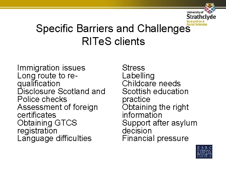 Specific Barriers and Challenges RITe. S clients Immigration issues Long route to requalification Disclosure