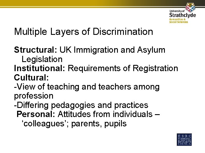 Multiple Layers of Discrimination Structural: UK Immigration and Asylum Legislation Institutional: Requirements of Registration