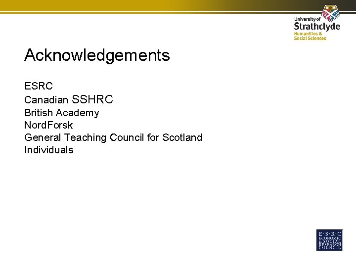 Acknowledgements ESRC Canadian SSHRC British Academy Nord. Forsk General Teaching Council for Scotland Individuals