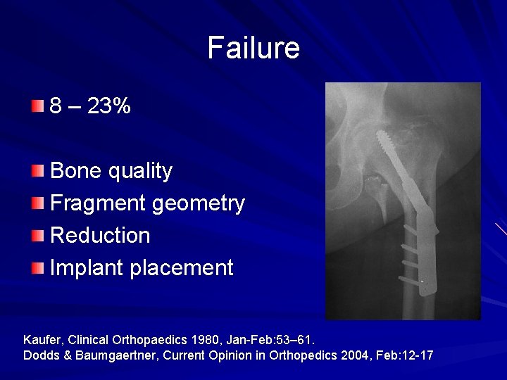 Failure 8 – 23% Bone quality Fragment geometry Reduction Implant placement Kaufer, Clinical Orthopaedics