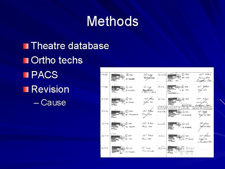 Methods Theatre database Ortho techs PACS Revision – Cause 