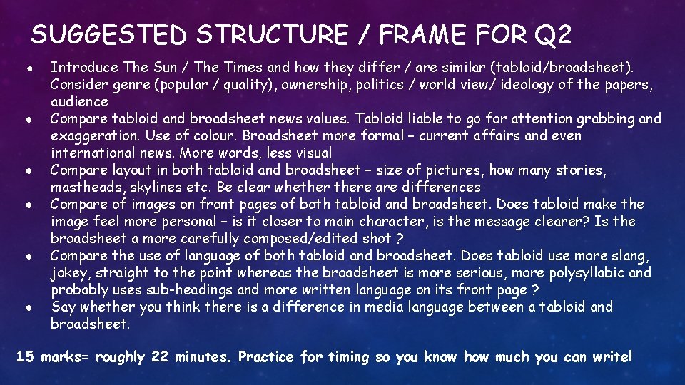 SUGGESTED STRUCTURE / FRAME FOR Q 2 ● ● ● Introduce The Sun /