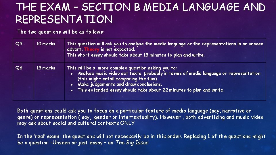 THE EXAM – SECTION B MEDIA LANGUAGE AND REPRESENTATION The two questions will be