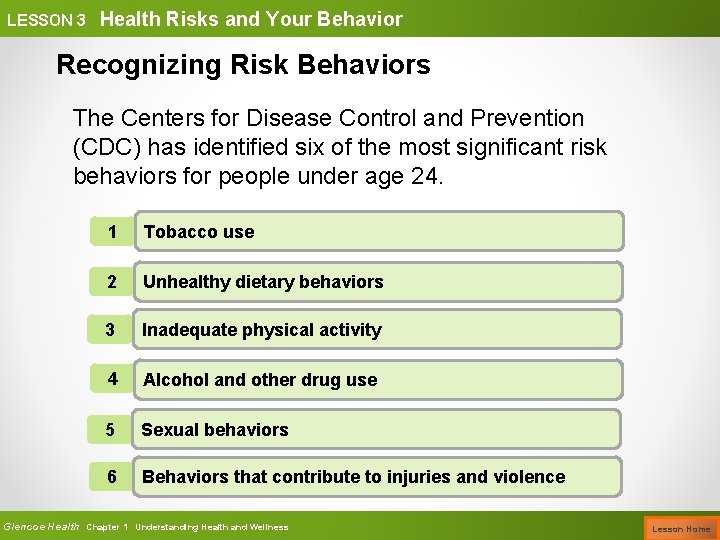 LESSON 3 Health Risks and Your Behavior Recognizing Risk Behaviors The Centers for Disease