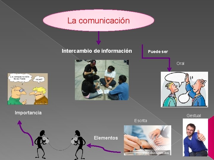 La comunicación Intercambio de información Puede ser Oral Importancia Gestual Escrita Elementos 