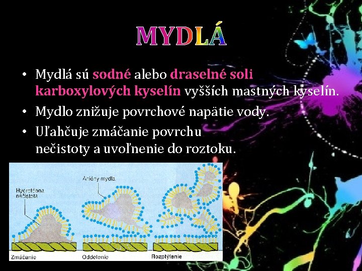 MYDLÁ • Mydlá sú sodné alebo draselné soli karboxylových kyselín vyšších mastných kyselín. •
