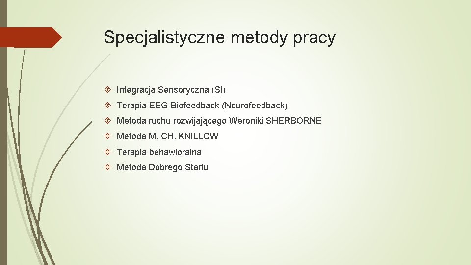 Specjalistyczne metody pracy Integracja Sensoryczna (SI) Terapia EEG-Biofeedback (Neurofeedback) Metoda ruchu rozwijającego Weroniki SHERBORNE