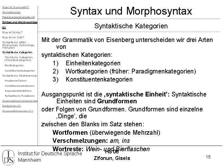 Was ist Grammatik? Semesterplan Flexionsmorphologie (4) Syntax und Morphosyntax Syntaktische Kategorien (6) Was ist