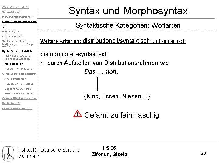 Was ist Grammatik? Semesterplan Flexionsmorphologie (4) Syntax und Morphosyntax (6) Syntax und Morphosyntax Syntaktische