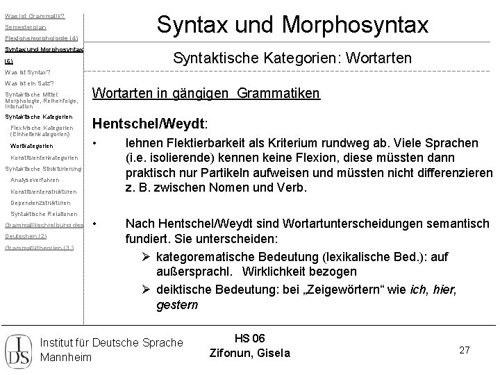 Syntax und Morphosyntax Was ist Grammatik? Semesterplan Flexionsmorphologie (4) Syntax und Morphosyntax Syntaktische Kategorien: