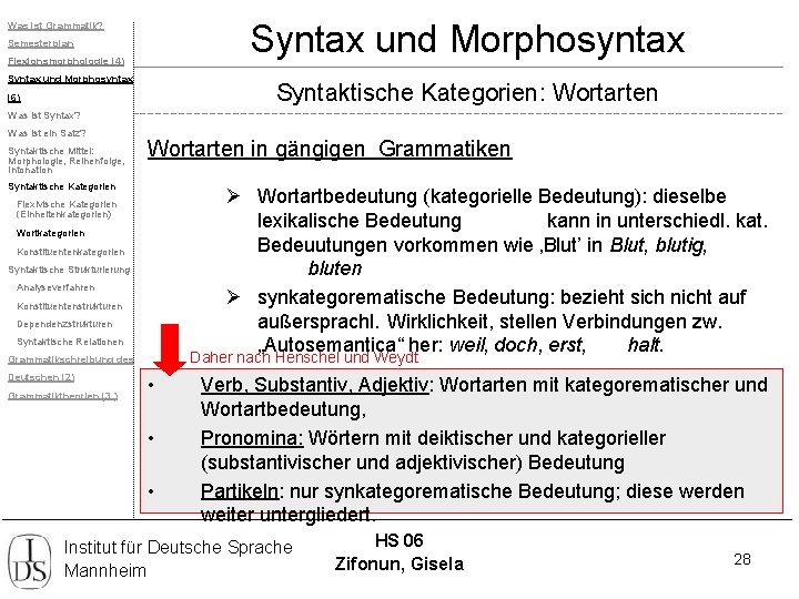 Syntax und Morphosyntax Was ist Grammatik? Semesterplan Flexionsmorphologie (4) Syntax und Morphosyntax Syntaktische Kategorien: