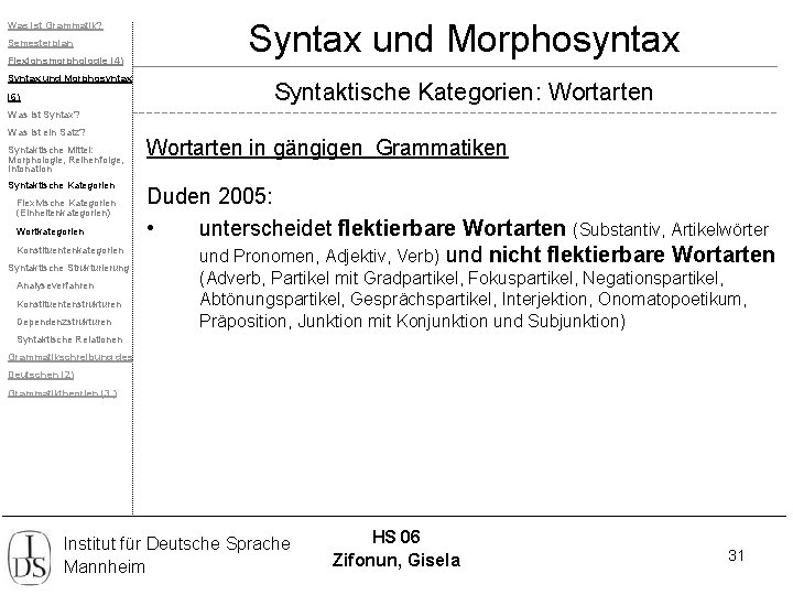 Was ist Grammatik? Semesterplan Flexionsmorphologie (4) Syntax und Morphosyntax (6) Syntax und Morphosyntax Syntaktische