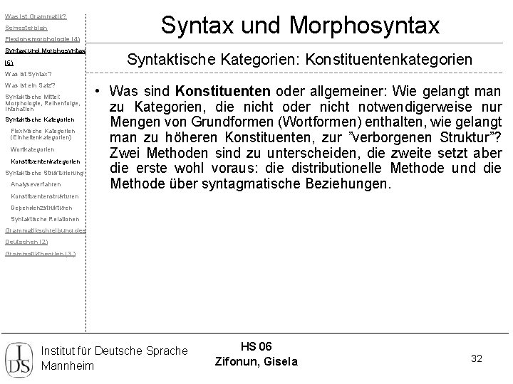 Was ist Grammatik? Semesterplan Flexionsmorphologie (4) Syntax und Morphosyntax (6) Syntax und Morphosyntax Syntaktische