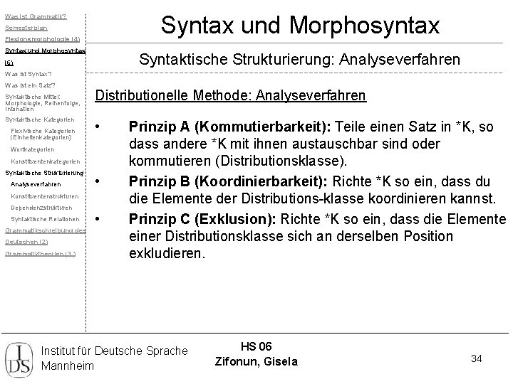 Syntax und Morphosyntax Was ist Grammatik? Semesterplan Flexionsmorphologie (4) Syntax und Morphosyntax Syntaktische Strukturierung: