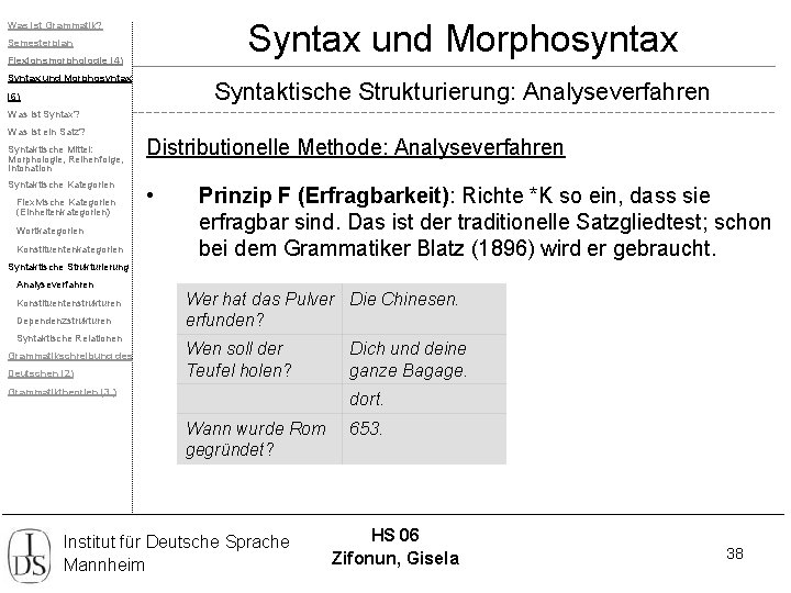 Syntax und Morphosyntax Was ist Grammatik? Semesterplan Flexionsmorphologie (4) Syntax und Morphosyntax Syntaktische Strukturierung: