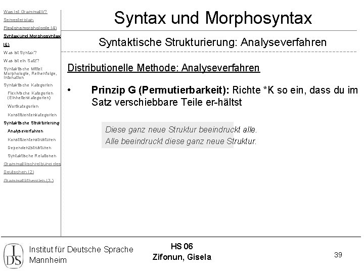 Syntax und Morphosyntax Was ist Grammatik? Semesterplan Flexionsmorphologie (4) Syntax und Morphosyntax Syntaktische Strukturierung: