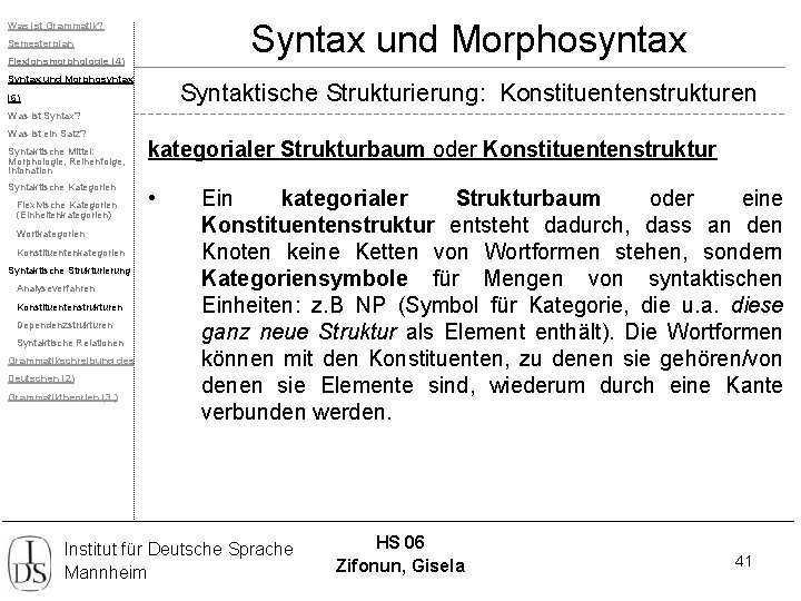 Syntax und Morphosyntax Was ist Grammatik? Semesterplan Flexionsmorphologie (4) Syntax und Morphosyntax Syntaktische Strukturierung: