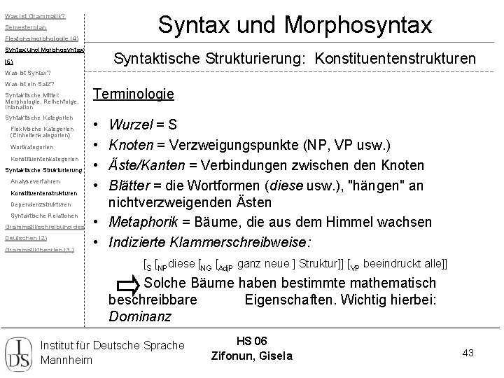 Syntax und Morphosyntax Was ist Grammatik? Semesterplan Flexionsmorphologie (4) Syntax und Morphosyntax Syntaktische Strukturierung: