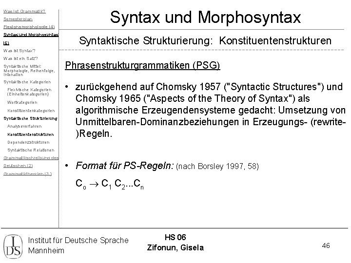 Was ist Grammatik? Semesterplan Flexionsmorphologie (4) Syntax und Morphosyntax (6) Syntax und Morphosyntax Syntaktische