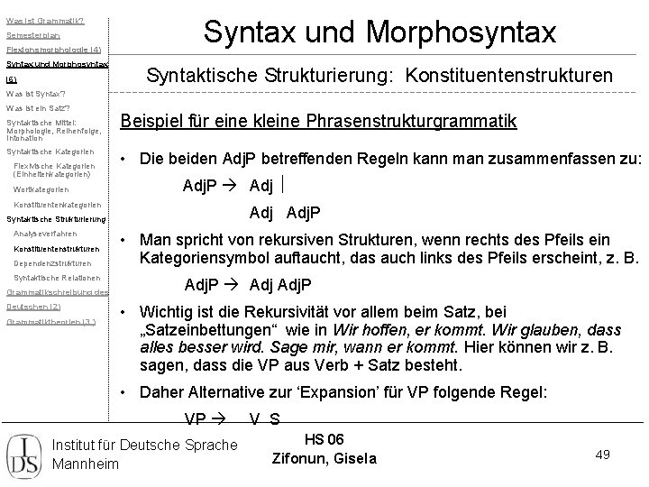 Was ist Grammatik? Semesterplan Flexionsmorphologie (4) Syntax und Morphosyntax (6) Syntax und Morphosyntax Syntaktische