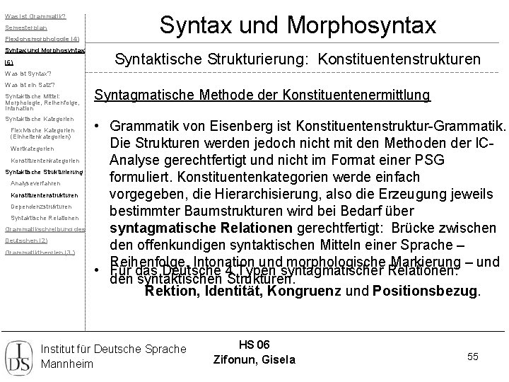 Was ist Grammatik? Semesterplan Flexionsmorphologie (4) Syntax und Morphosyntax (6) Syntax und Morphosyntax Syntaktische