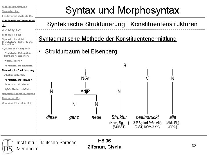 Was ist Grammatik? Semesterplan Flexionsmorphologie (4) Syntax und Morphosyntax (6) Syntax und Morphosyntax Syntaktische