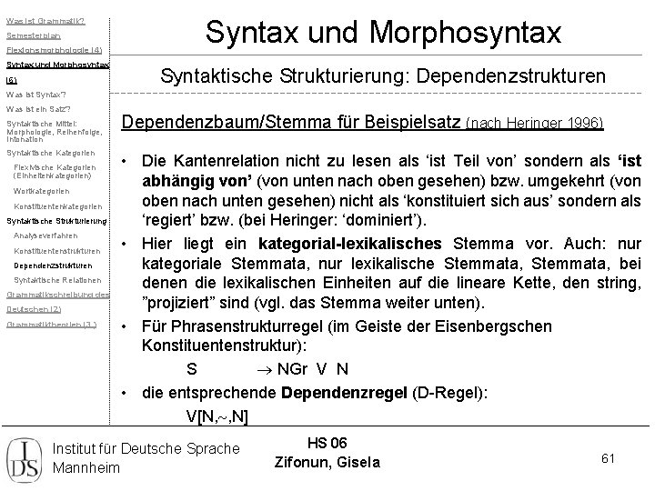 Was ist Grammatik? Semesterplan Flexionsmorphologie (4) Syntax und Morphosyntax (6) Syntax und Morphosyntax Syntaktische