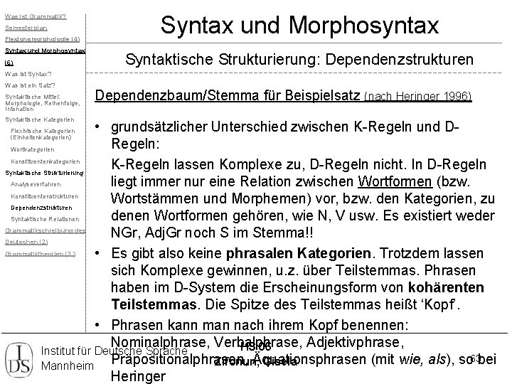 Was ist Grammatik? Semesterplan Flexionsmorphologie (4) Syntax und Morphosyntax (6) Syntax und Morphosyntax Syntaktische