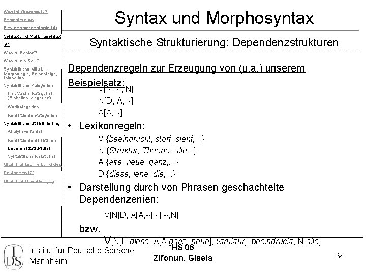 Syntax und Morphosyntax Was ist Grammatik? Semesterplan Flexionsmorphologie (4) Syntax und Morphosyntax (6) Syntaktische