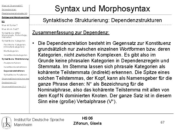 Was ist Grammatik? Semesterplan Flexionsmorphologie (4) Syntax und Morphosyntax (6) Syntax und Morphosyntax Syntaktische