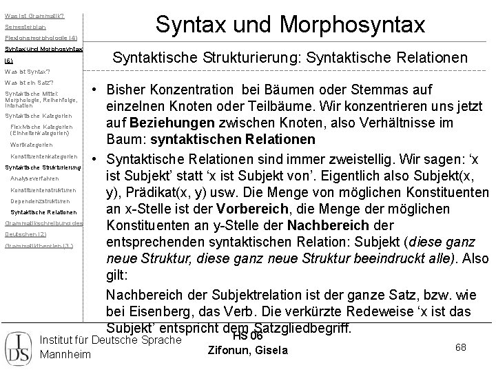 Was ist Grammatik? Semesterplan Flexionsmorphologie (4) Syntax und Morphosyntax (6) Syntax und Morphosyntax Syntaktische