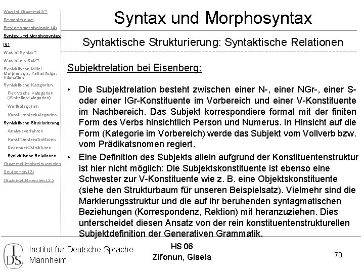 Was ist Grammatik? Semesterplan Flexionsmorphologie (4) Syntax und Morphosyntax (6) Syntax und Morphosyntax Syntaktische