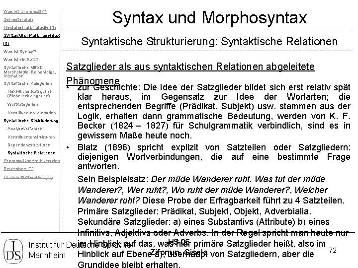 Was ist Grammatik? Semesterplan Flexionsmorphologie (4) Syntax und Morphosyntax (6) Syntax und Morphosyntax Syntaktische