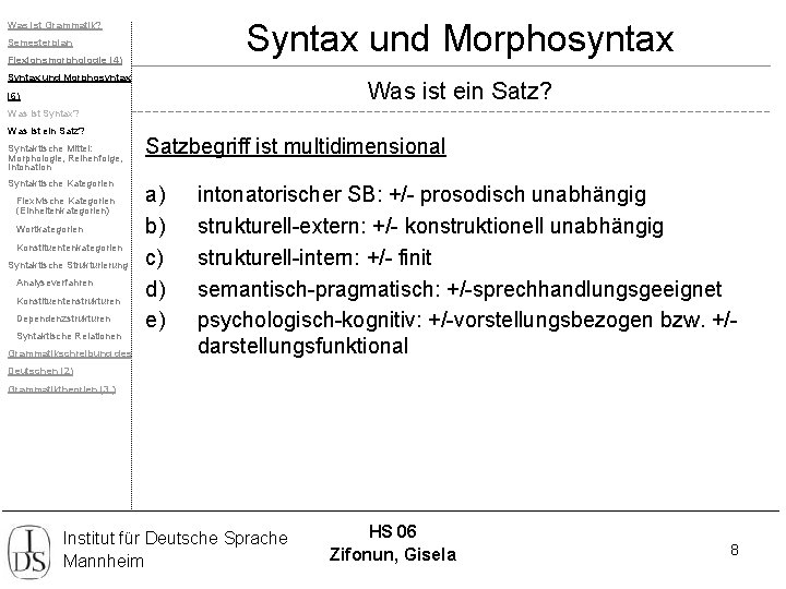 Syntax und Morphosyntax Was ist Grammatik? Semesterplan Flexionsmorphologie (4) Syntax und Morphosyntax Was ist