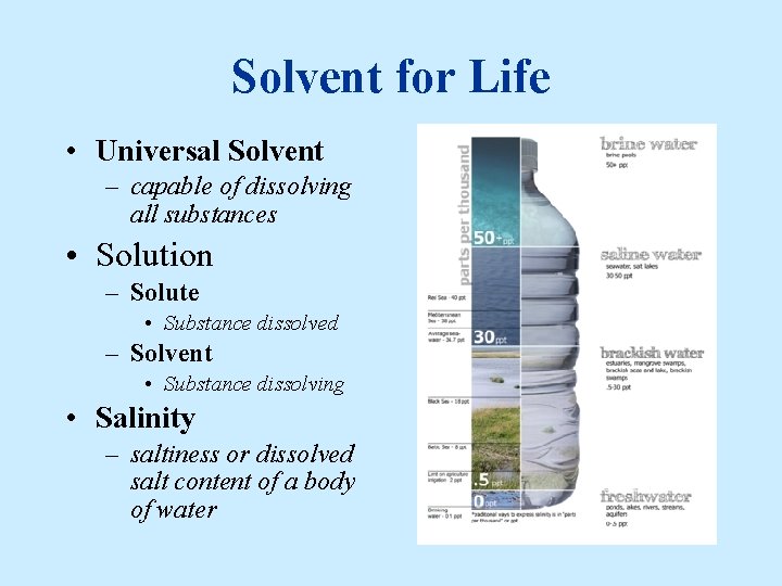 Solvent for Life • Universal Solvent – capable of dissolving all substances • Solution