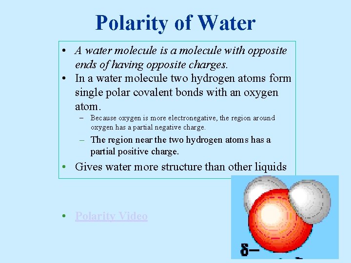 Polarity of Water • A water molecule is a molecule with opposite ends of