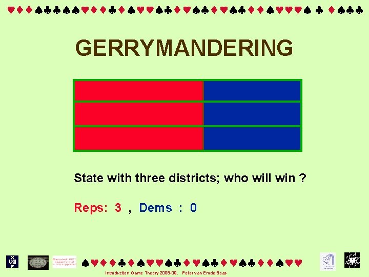  GERRYMANDERING State with three districts; who will win ? Reps: 3 , Dems